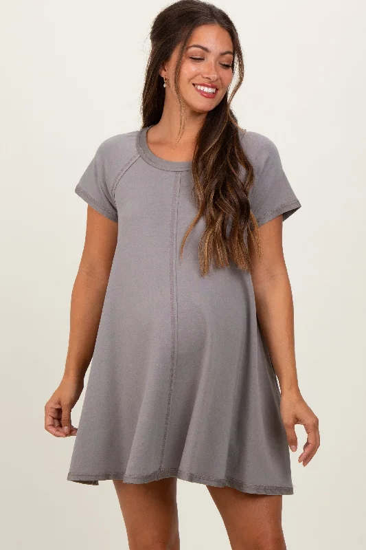 beaded mini dress-Mocha French Terry Basic Short Sleeve Maternity Mini Dress