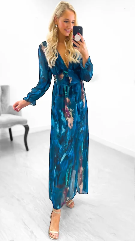 ruffle sleeve cocktail dress-A2111 Teal Print Dilys Dress