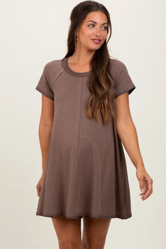 bodycon mini dress-Brown French Terry Basic Short Sleeve Maternity Mini Dress