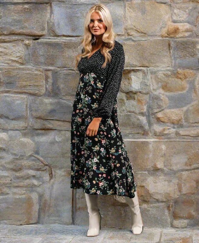 casual summer midi dress-Black Floral Long Sleeve Midi Dress