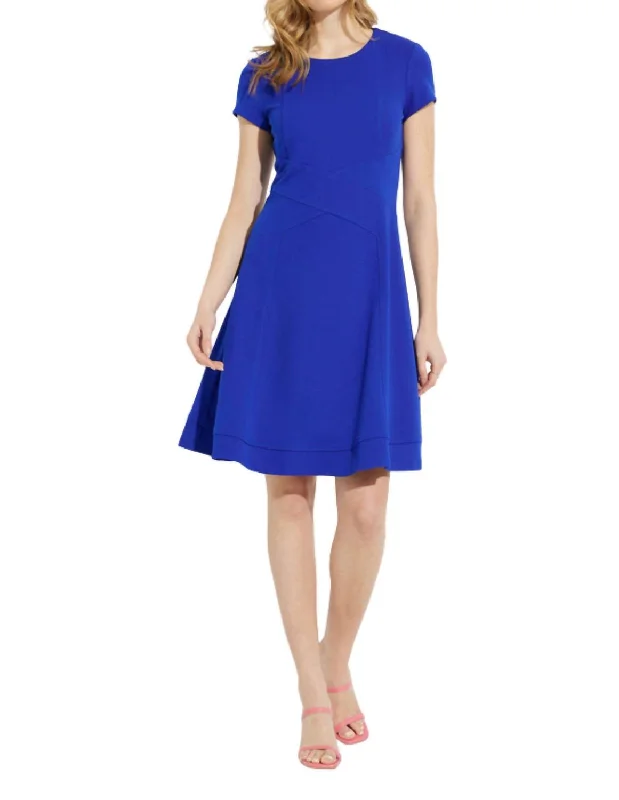 wedding guest mini dress-Short Sleeve Fit Flare Dress In Royal Sapphire