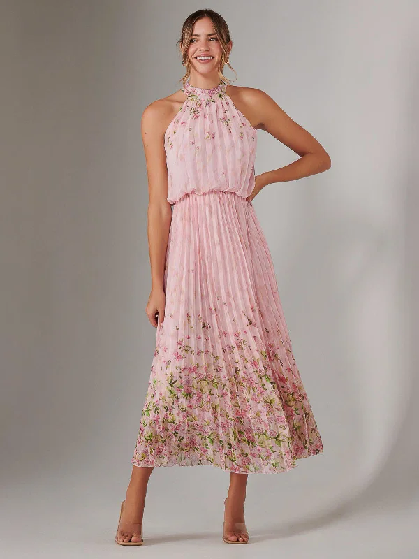 mesh overlay maxi dress-Pleated Halterneck Maxi Dress, Pink Floral