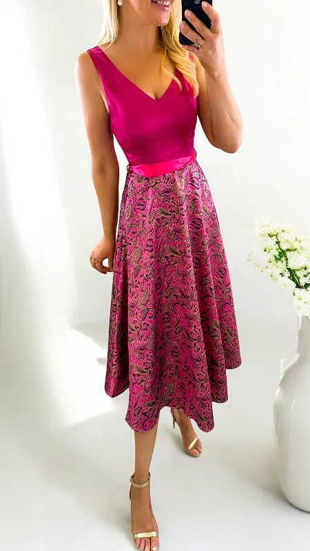 bodycon cocktail dress-A1848 Pink Jacquard Fit & Flare Dress