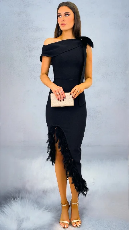 short cocktail dress-A2059 Black One Shoulder Feather Dress