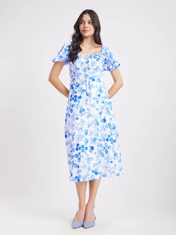 autumn mini dress-Floral Fit And Flare Dress - Blue And White