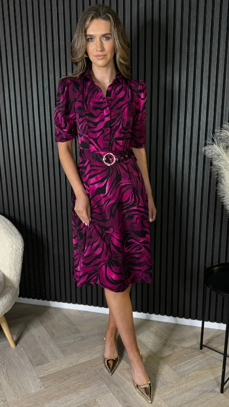 casual t-shirt midi dress-Dervla Pink & Black Leopard Print Collared Midi Dress