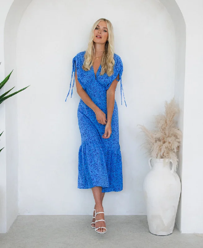 midi dress with side slit-Blue Leopard Ruched Midi Dress