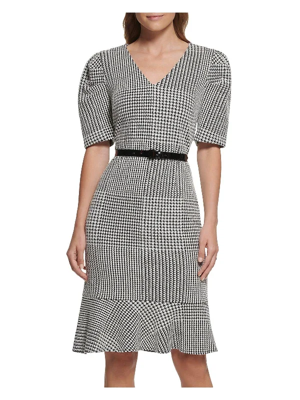 romantic mini dress-Womens Belted Mini Wear to Work Dress