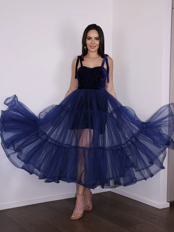 chiffon cocktail dress-A-Line/Princess Tulle Ruffles Spaghetti Straps Sleeveless Tea-Length Homecoming Dresses