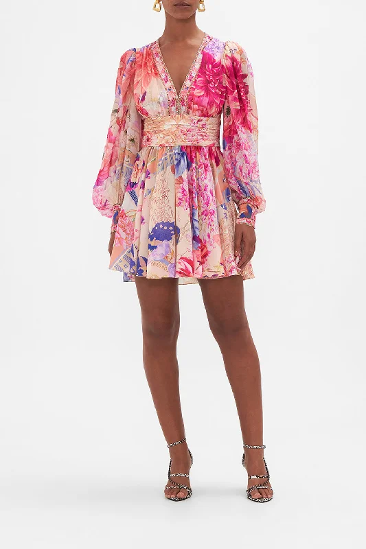 floral mini dress-SHORT DRESS WITH BLOUSON SLEEVE ROSE BED RENDEZVOUS