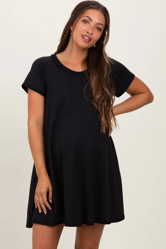 satin mini dress-Black French Terry Basic Short Sleeve Maternity Mini Dress