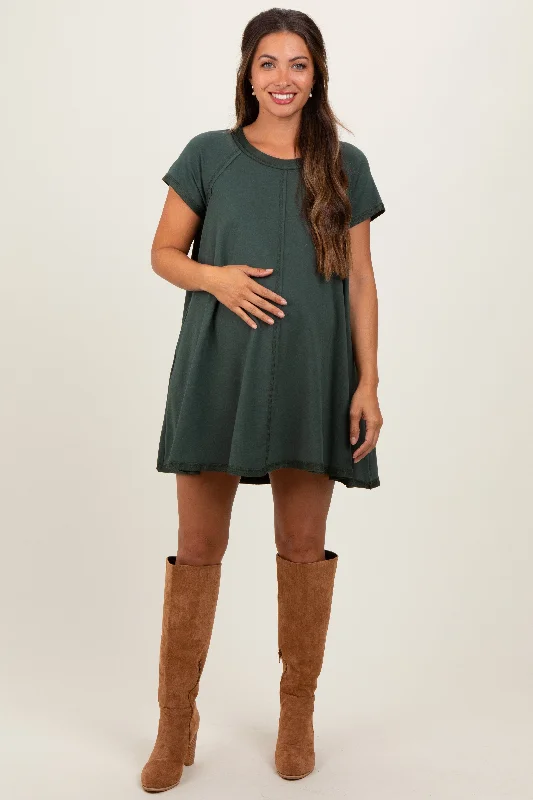 elegant mini dress-Forest Green French Terry Basic Short Sleeve Maternity Mini Dress