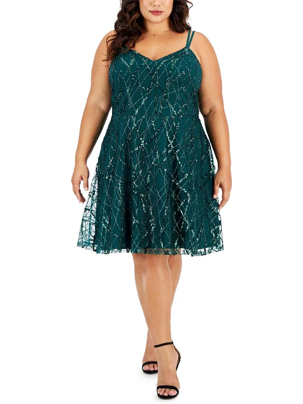 cocktail dress with trumpet hem-Plus Womens Sequined Knee Length Cocktail And Party Dress