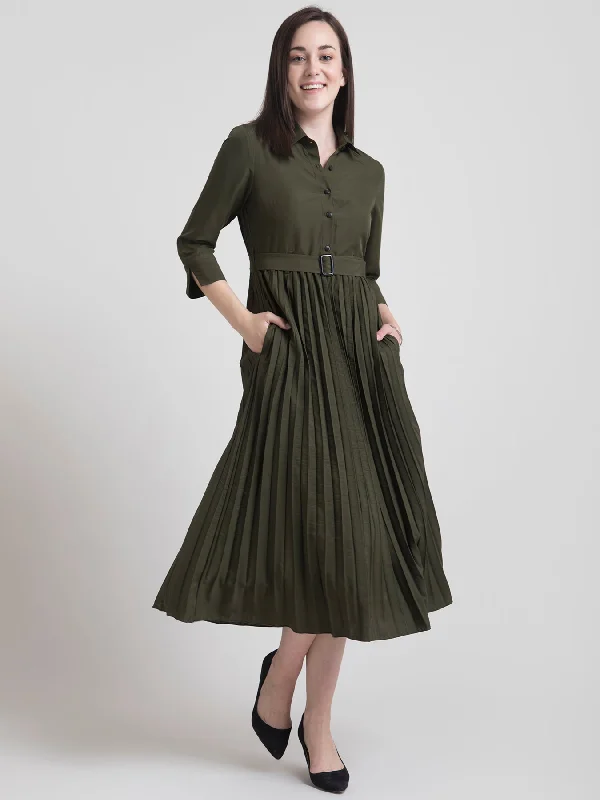 casual chic mini dress-Collared Pleated Fit and Flare Dress - Olive