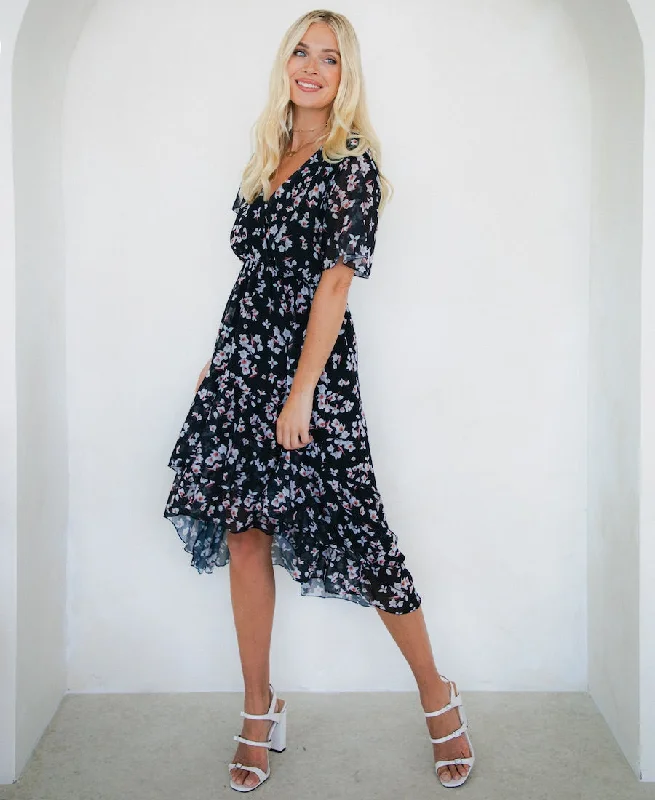 ruffled sleeve midi dress-Black Floral Chiffon Tiered Midi Dress