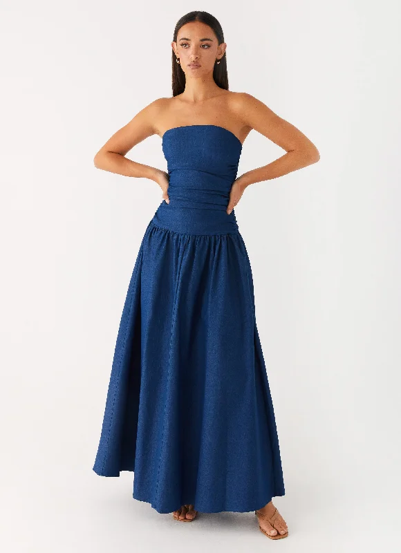 bishop sleeve maxi dress-Carmel Denim Maxi Dress - Indigo