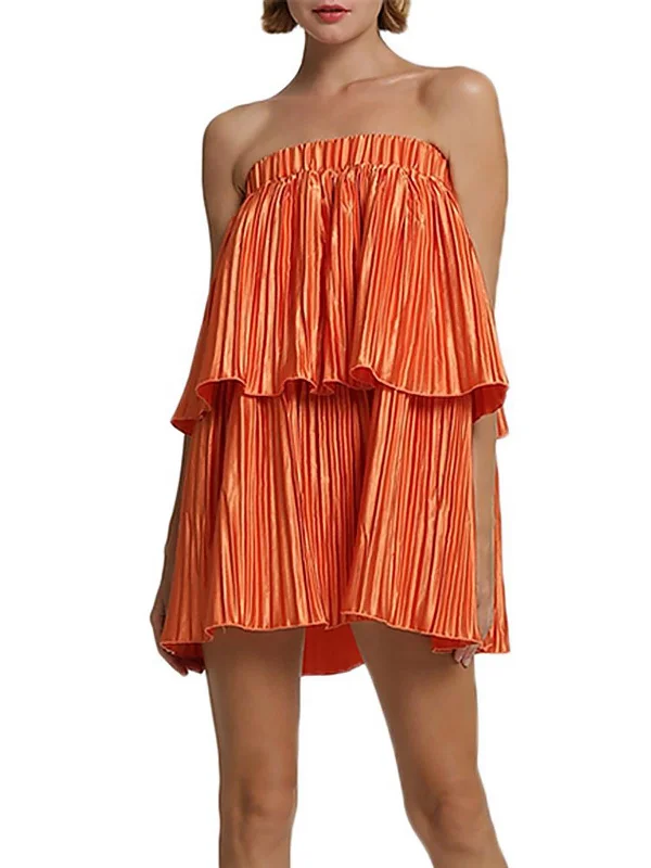 sleeveless mini dress-Reveries Womens Strapless Pleated Mini Dress