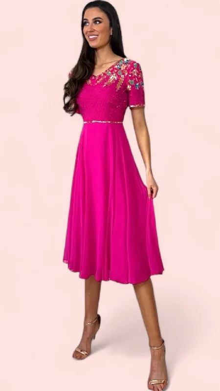 cocktail dress with illusion back-4-A1616 Pink Embellished Flare Dress