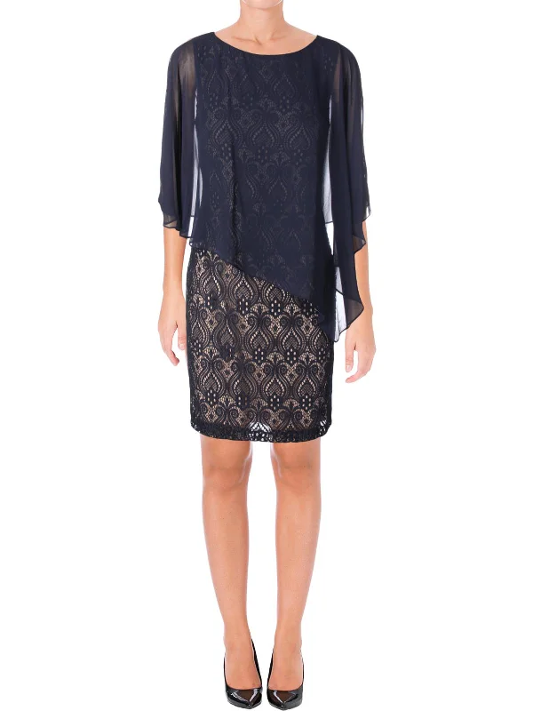 cocktail dress with metallic accents-Womens Lace Overlay Pullover Cocktail Dress