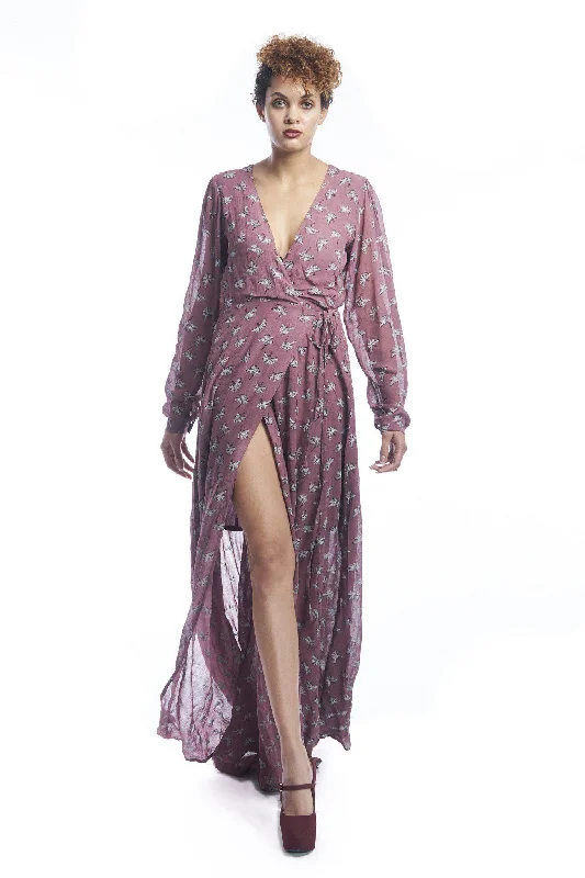 flared skirt maxi dress-Ginkgo Leaf Empress Maxi Wrap in Mauve + Silver