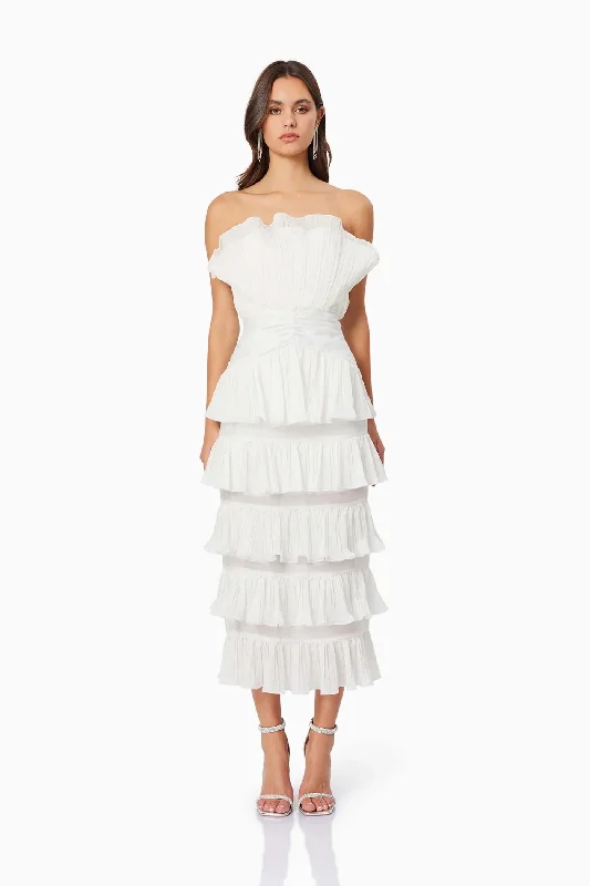 casual striped midi dress-Maya Pleated Midi Dress - White