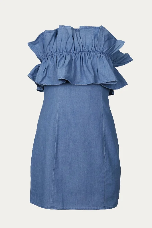 jersey mini dress-Strapless Ruffled Denim Mini Dress In Blue