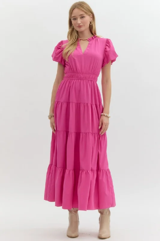 off shoulder lace maxi dress-Heidi Tiered Maxi Dress in Magenta