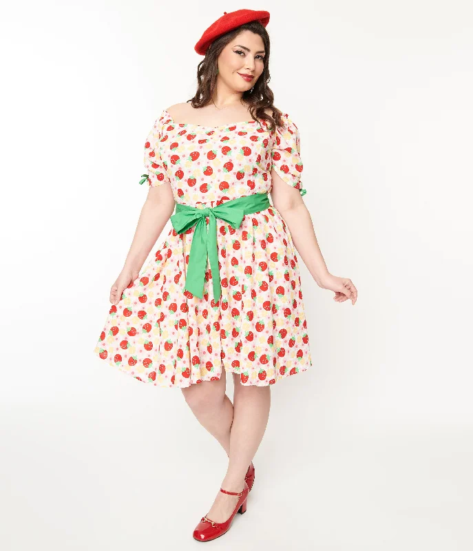 punk mini dress-Unique Vintage Plus Size Pink Floral Strawberries Dakota Flare Dress