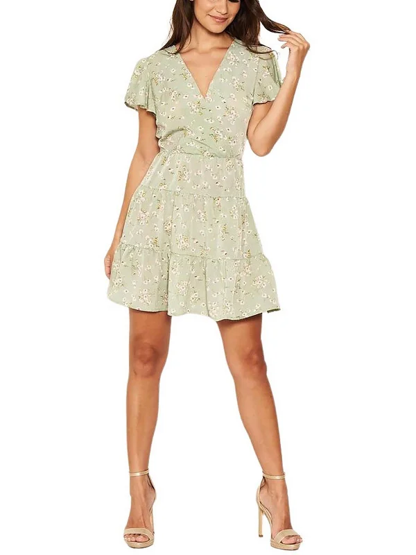 romantic mini dress-Womens Boho Floral Print Mini Dress