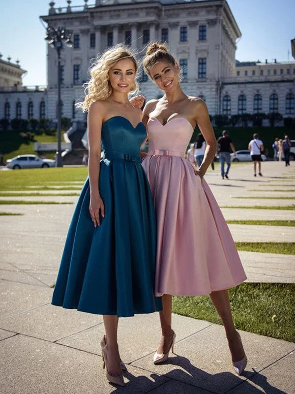 cocktail dress with embroidery-A-Line/Princess Satin Bowknot Sweetheart Sleeveless Tea-Length Homecoming Dresses