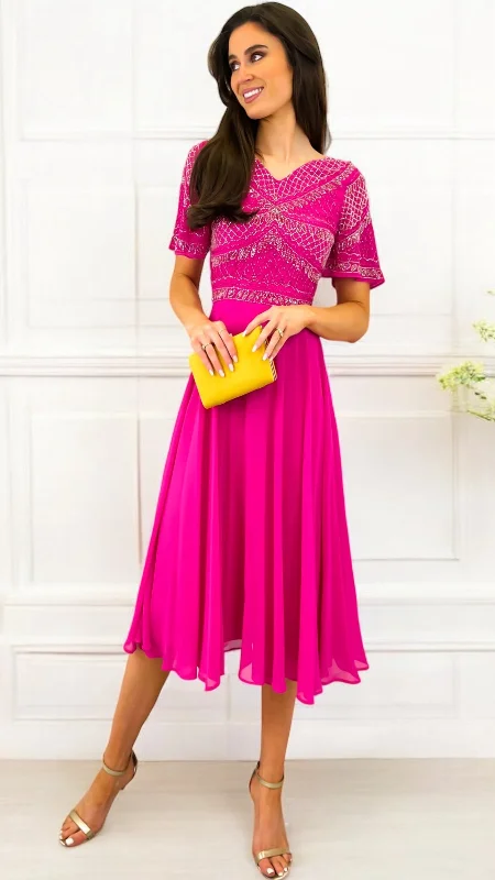 cocktail dress with cascading ruffles-4-A1801 Kirby Pink Embellished Flare Dress