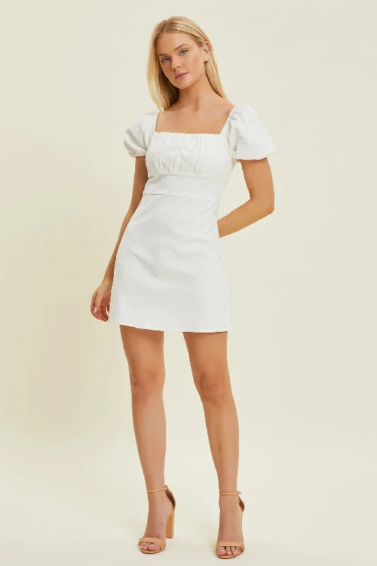 black mini dress-Ivory Ruched Bust Tie Back Mini Dress