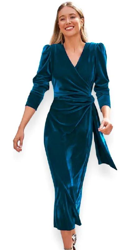 satin cocktail dress-A2082 Teal Velvet Faux Wrap Dress