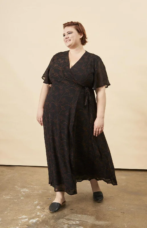 A-line maxi dress with sleeves-Poppy Flower Butterfly Sleeve Maxi Dress in Black + Copper