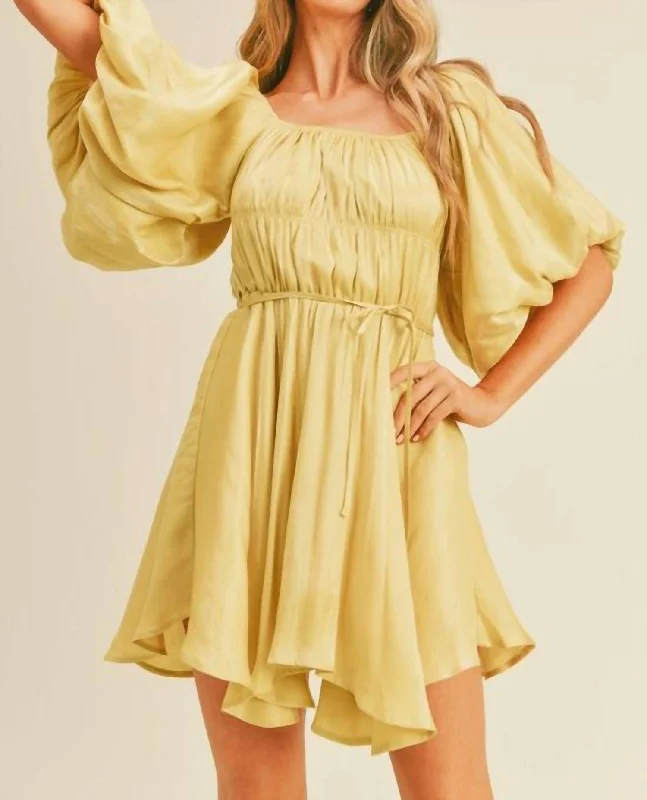 New Year's Eve mini dress-Shiny Bubble Sleeve Mini Dress In Dandelion