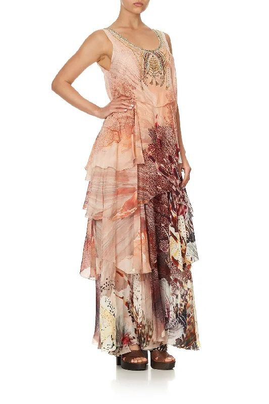 floral patchwork maxi dress-LAYERED FRILL LONG DRESS COASTAL TREASURE