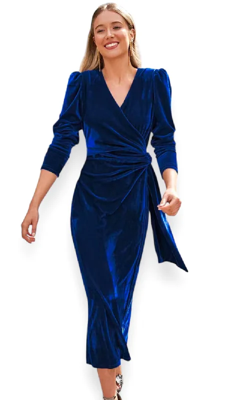 sheath cocktail dress-A2072 Royal Velvet Faux Wrap Dress