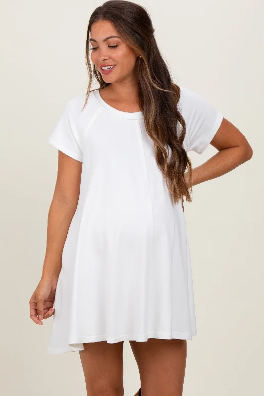 lace mini dress-Ivory French Terry Basic Short Sleeve Maternity Mini Dress