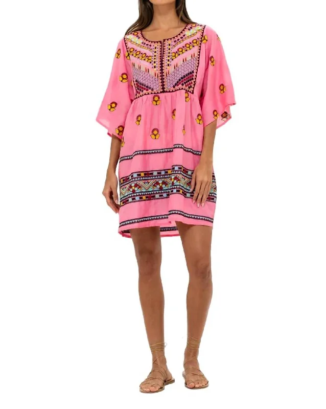 high neck mini dress-Mini Kaftan In Santa Fe Pink