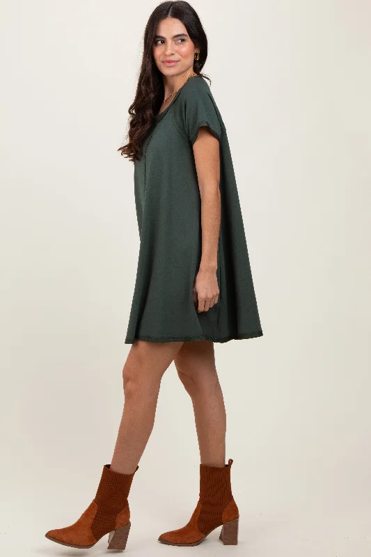 prom mini dress-Forest Green French Terry Basic Short Sleeve Mini Dress