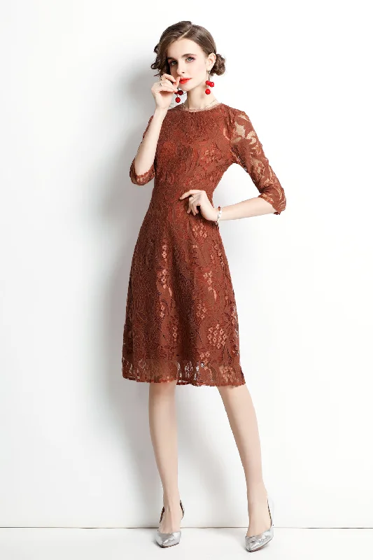 ruched cocktail dress-Brown Cocktail & Party A-line Crewneck Elbow Sleeve Knee Lace Dress