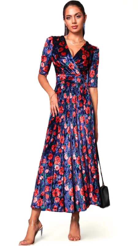 elegant evening cocktail dress-4-A1271 Navy Floral Velvet Midaxi Dress