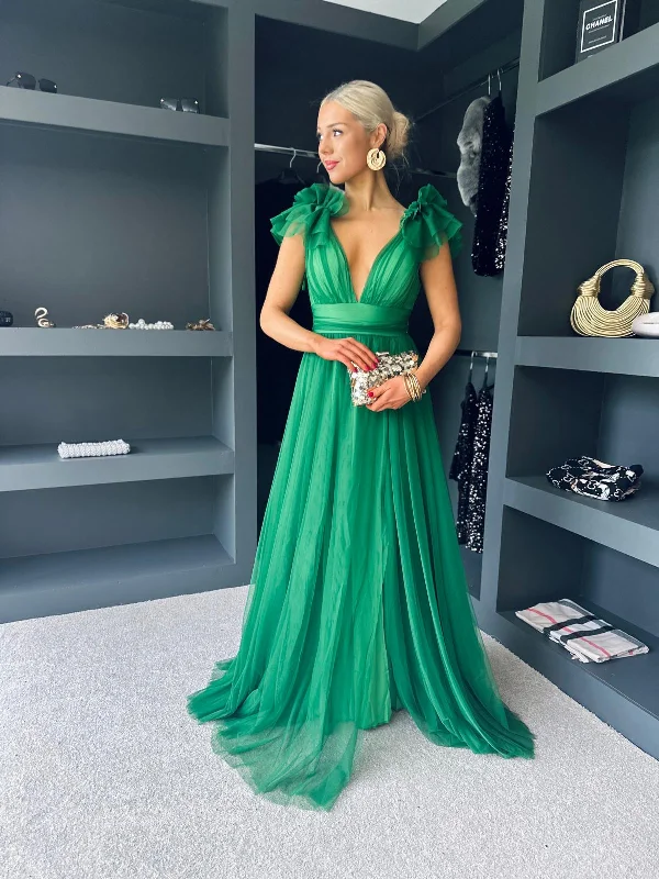 velvet wrap maxi dress-Francesca Tulle Maxi Dress Green