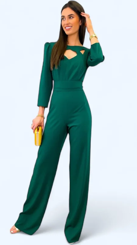 cocktail dress with bell sleeves-4-A1860 Farrell Green Cut Out Jumpsuit