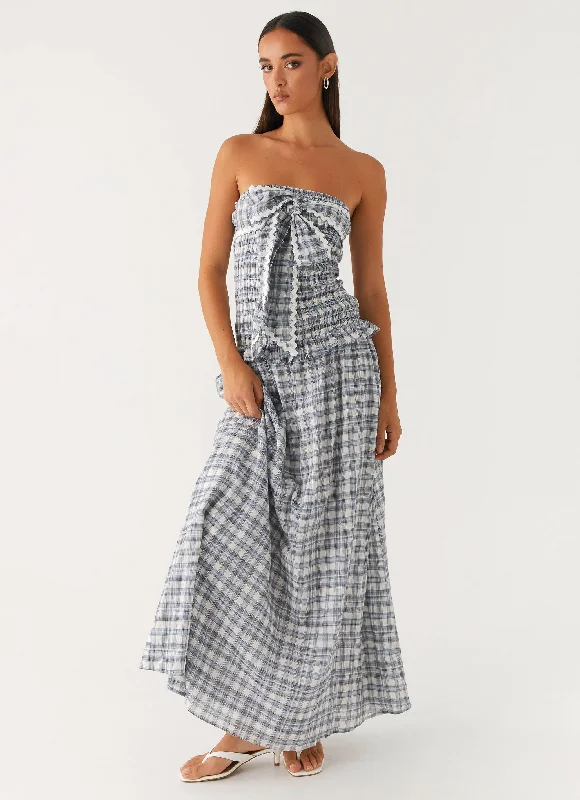 high-low hem maxi dress-Malia Shirred Maxi Dress - Blue Grey Check