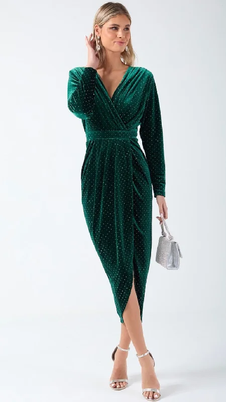 V-neck cocktail dress-A2000 Milicent Green Velvet Sparkle Dress