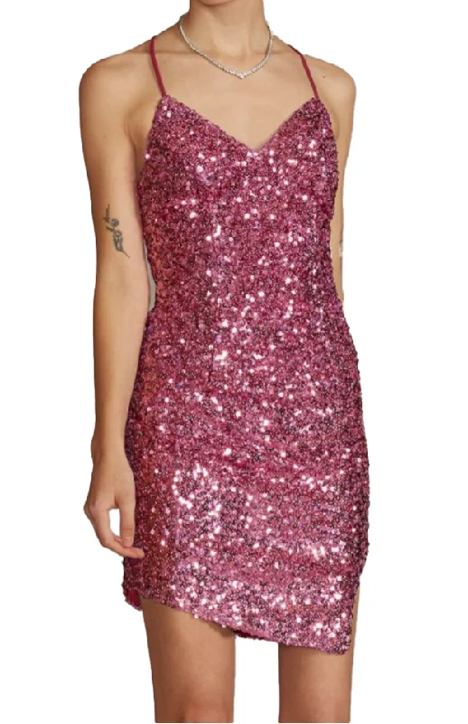 off shoulder cocktail dress-2 - jules & cleo pink sequin party dress