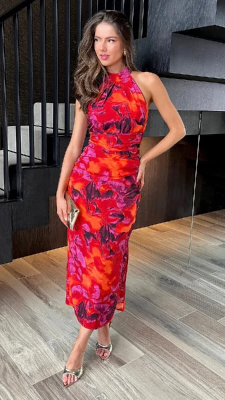 floral jacquard midi dress-Becca Orange And Purple Abstract Print Halter Neck Draped Waist Midi Dress