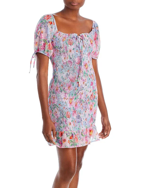 textured mini dress-Sweet Summer Womens Floral Smocked Mini Dress