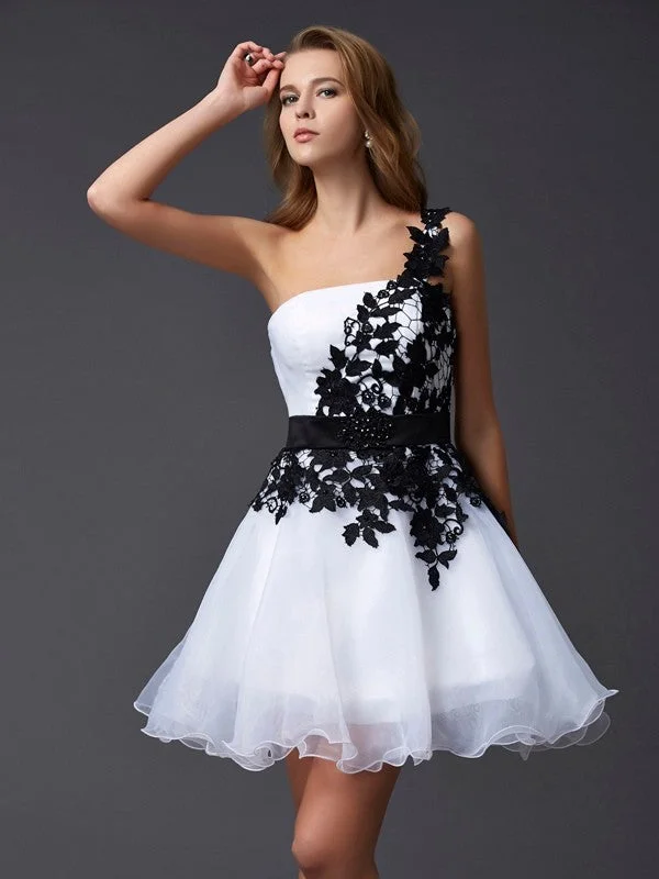 cocktail dress with belt-A-Line/Princess One-Shoulder Sleeveless Lace Short Organza Homecoming Dresses